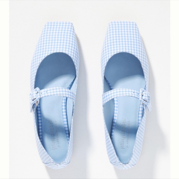 Jeffrey Campbell | Square Toe Mary Jane Flats Sky Blue Gingham Pin Up Rockabilly - Picture 2 of 12